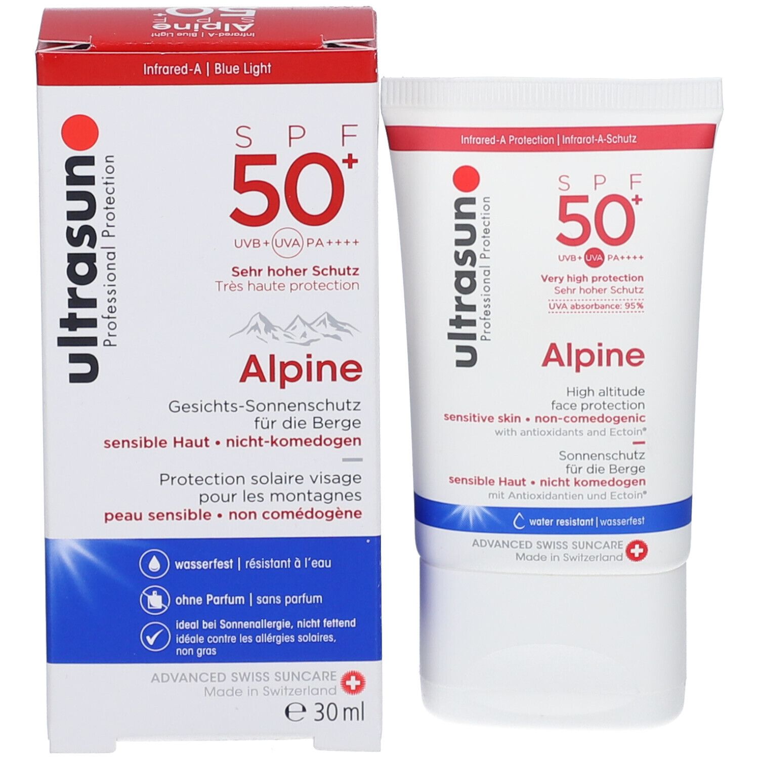 Ultrasun Alpine SPF 50+ zonnecrèmetube en verpakking. Wit, rood, blauw. Tekst: SPF 50+, Alpine, voor gevoelige huid, waterbestendig.
