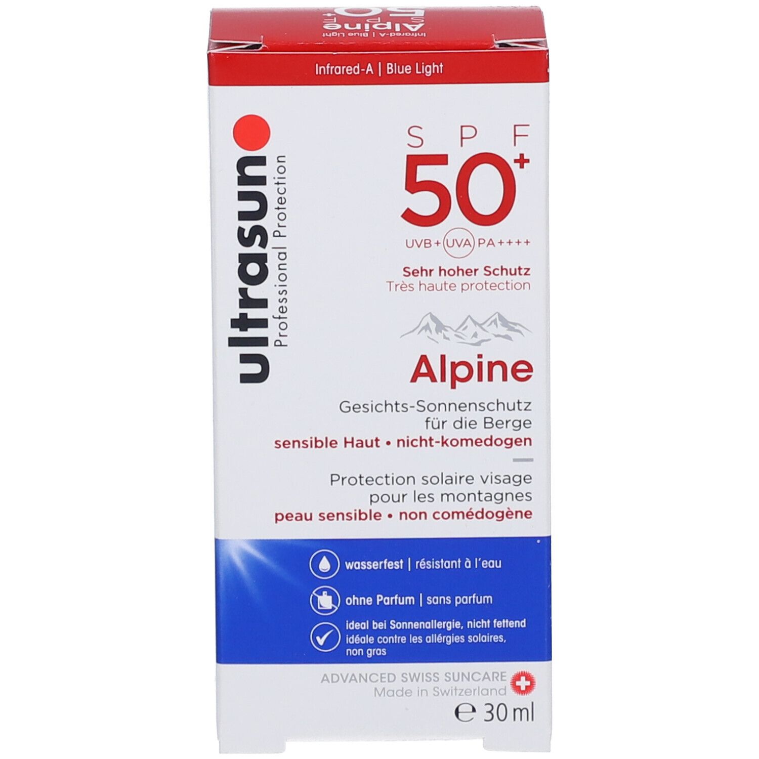 Verpakking ultrasun Alpine SPF 50+. Wit, rood, blauw. Tekst: SPF 50+, Alpine, voor gevoelige huid, waterbestendig, parfumvrij.