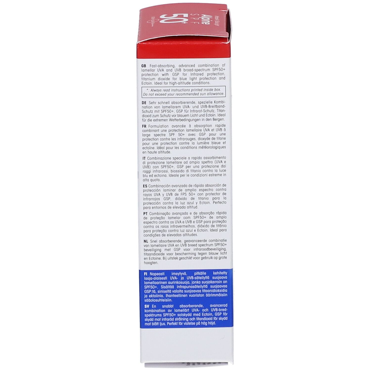 Zijkant van de ultrasun Alpine SPF 50+ verpakking. Meertalige tekst: beschrijving, voordelen, gebruiksaanwijzing.