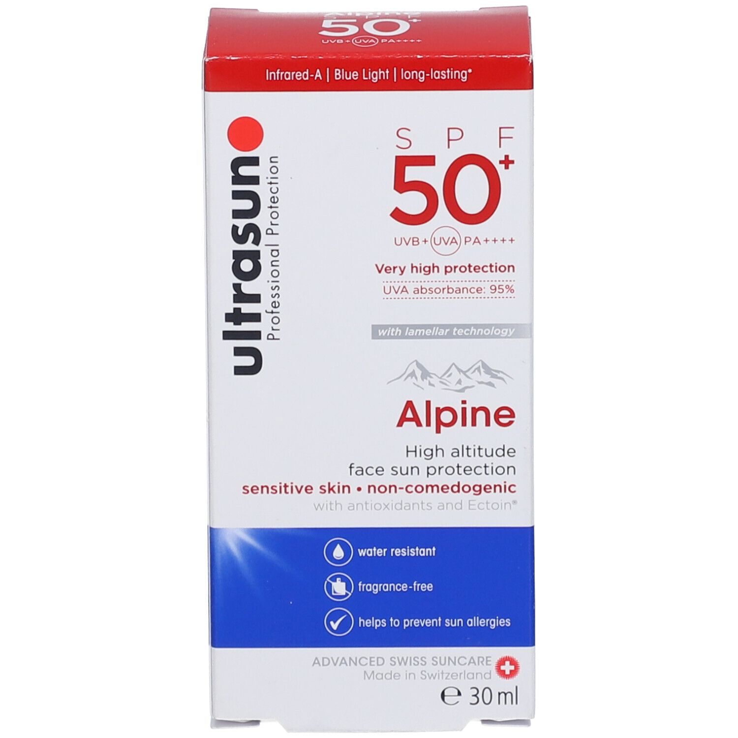 Verpakking ultrasun Alpine SPF 50+. Wit, rood, blauw. Tekst: SPF 50+, Alpine, voor gevoelige huid, waterbestendig, parfumvrij, tegen allergieën.