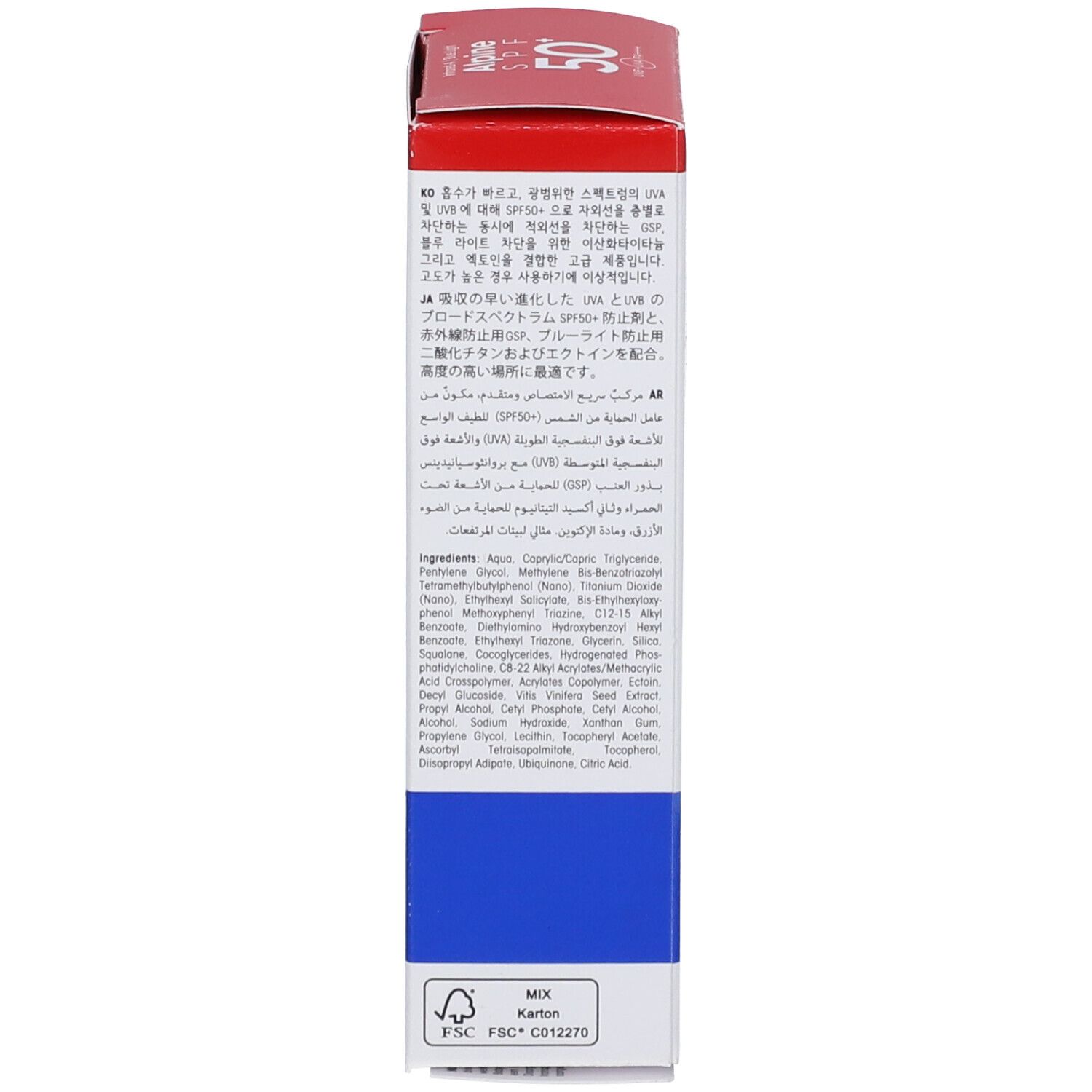 Zijkant van de ultrasun Alpine SPF 50+ verpakking. Meertalige tekst: ingrediënten, certificeringen, recyclingsymbolen.