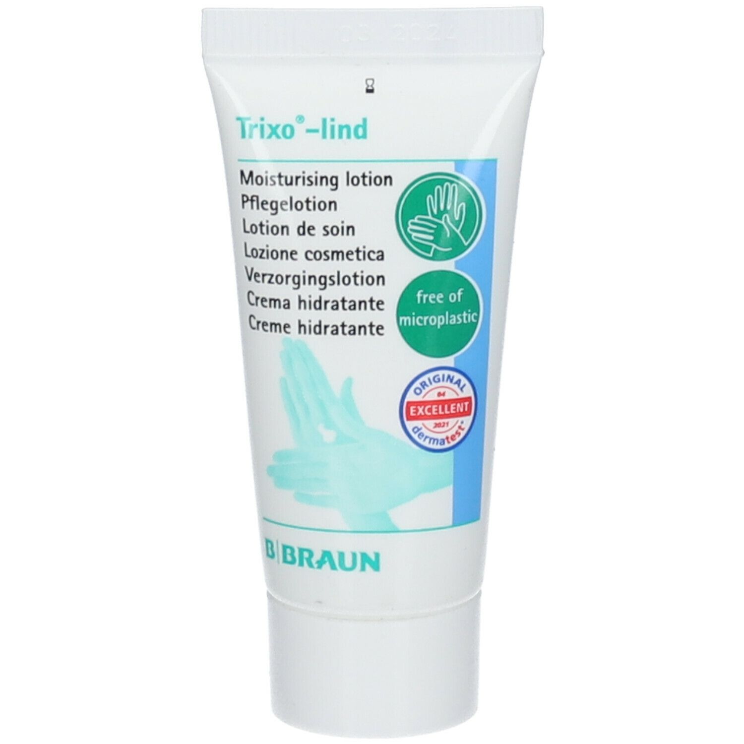 Witte tube met productnaam en groene handen. Tekst: « Moisturising lotion ». Keurmerk: « ORIGINAL EXCELLENT dermatest ».