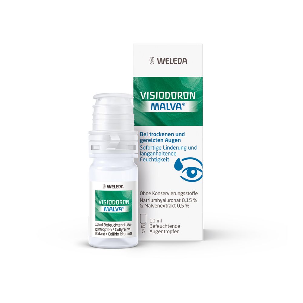 Oogdruppelflesje en verpakking. Opschrift: Visiodoron Malva, Weleda. Voor droge ogen. 10 ml.