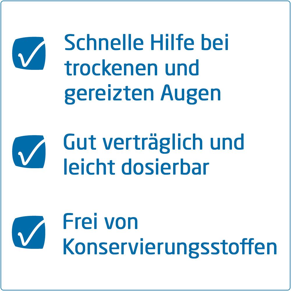 Tekst met vinkjes. Snelle hulp bij droge en geïrriteerde ogen. Goed verdraagbaar. Zonder conserveringsmiddelen.