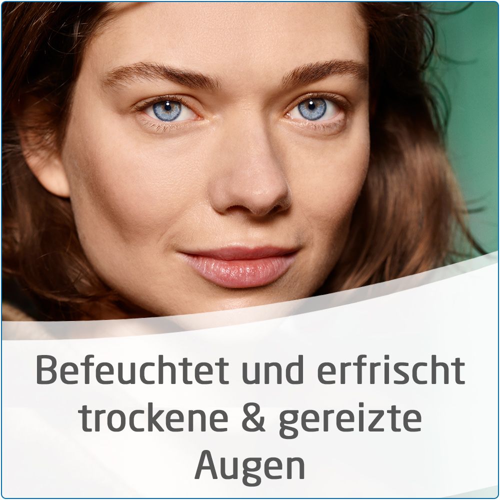 Vrouw met blauwe ogen. Tekst: Bevochtigt en verfrist droge en geïrriteerde ogen.