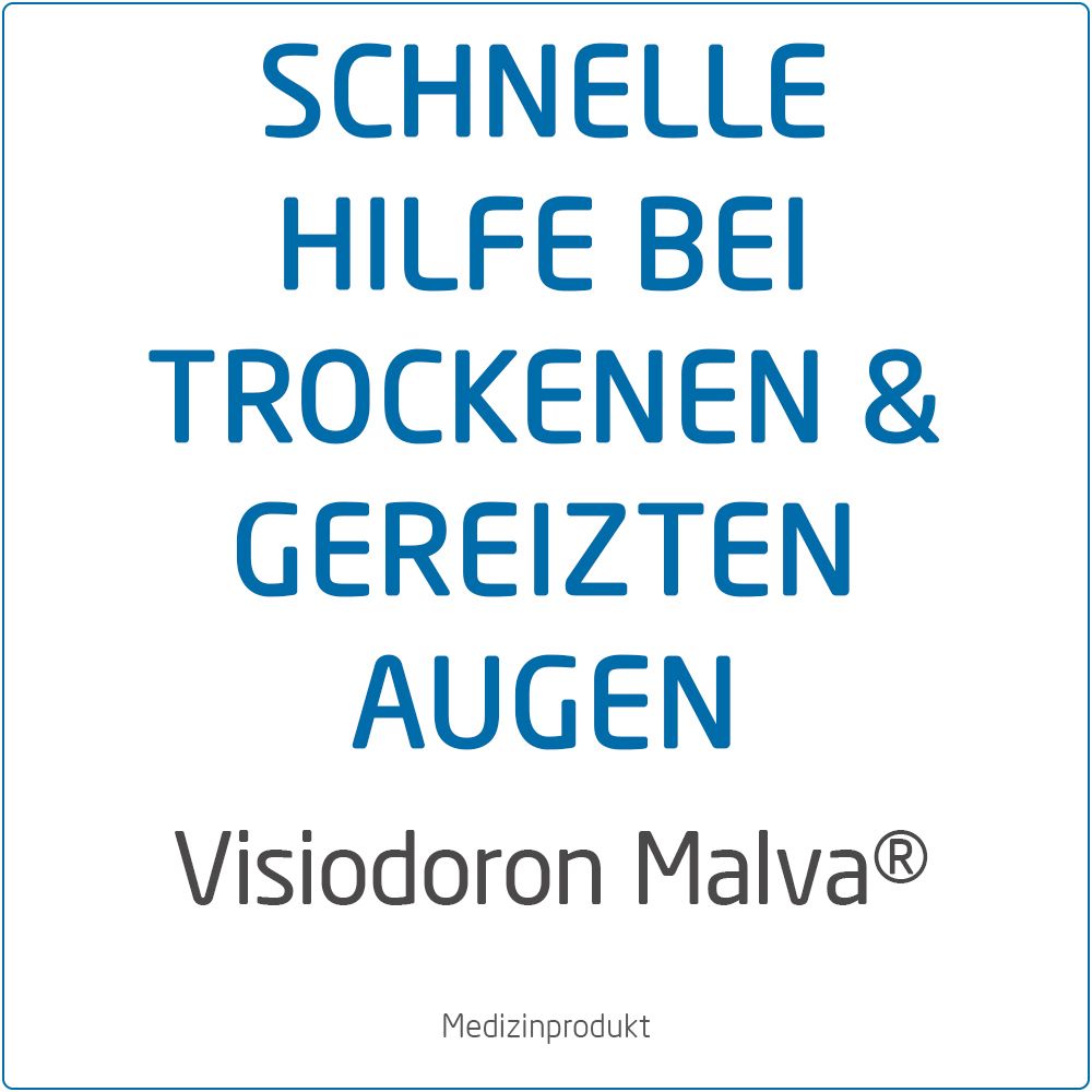 Tekst. Snelle hulp bij droge en geïrriteerde ogen. Visiodoron Malva.