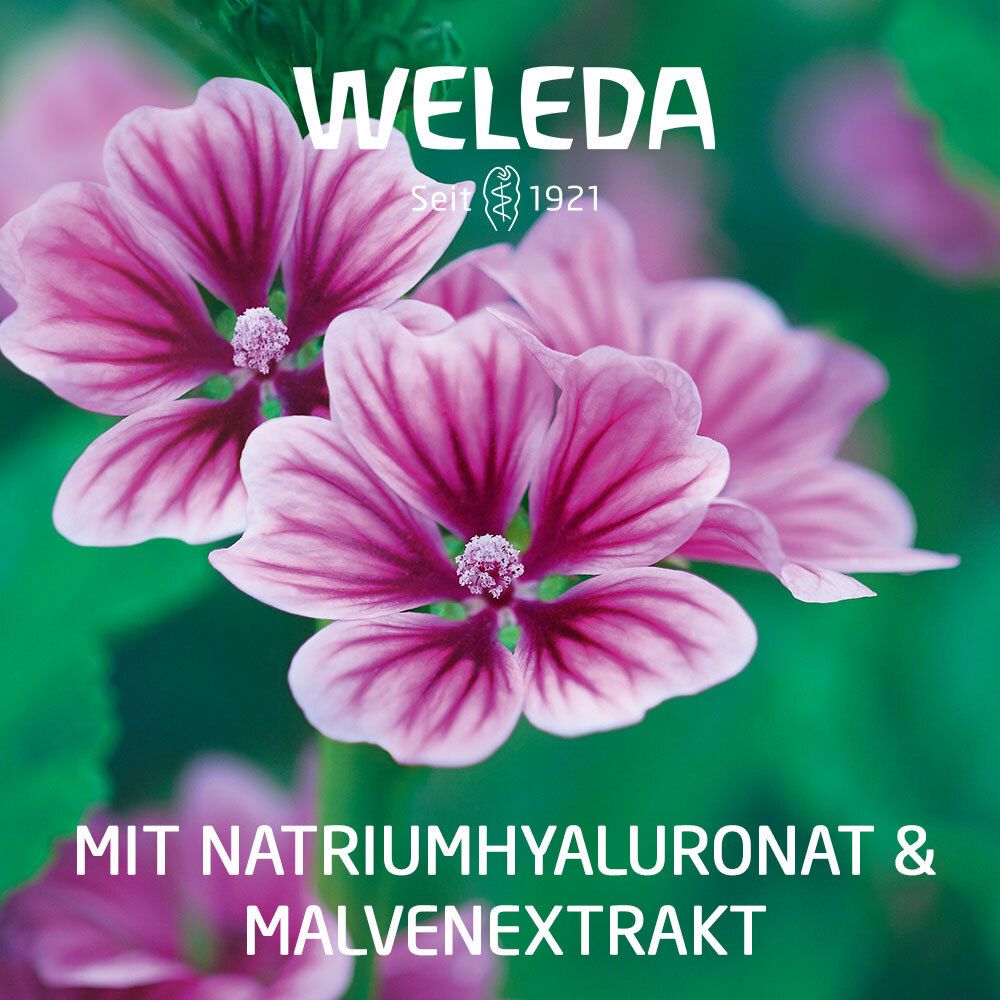 Bloemen met tekst: Met natriumhyaluronaat & malve-extract. Weleda logo.