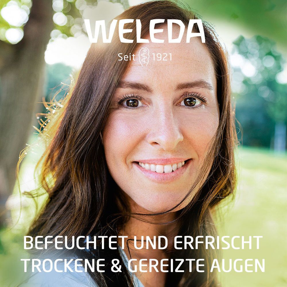 Vrouw lacht. Tekst: Bevochtigt en verfrist droge en geïrriteerde ogen. Weleda logo.