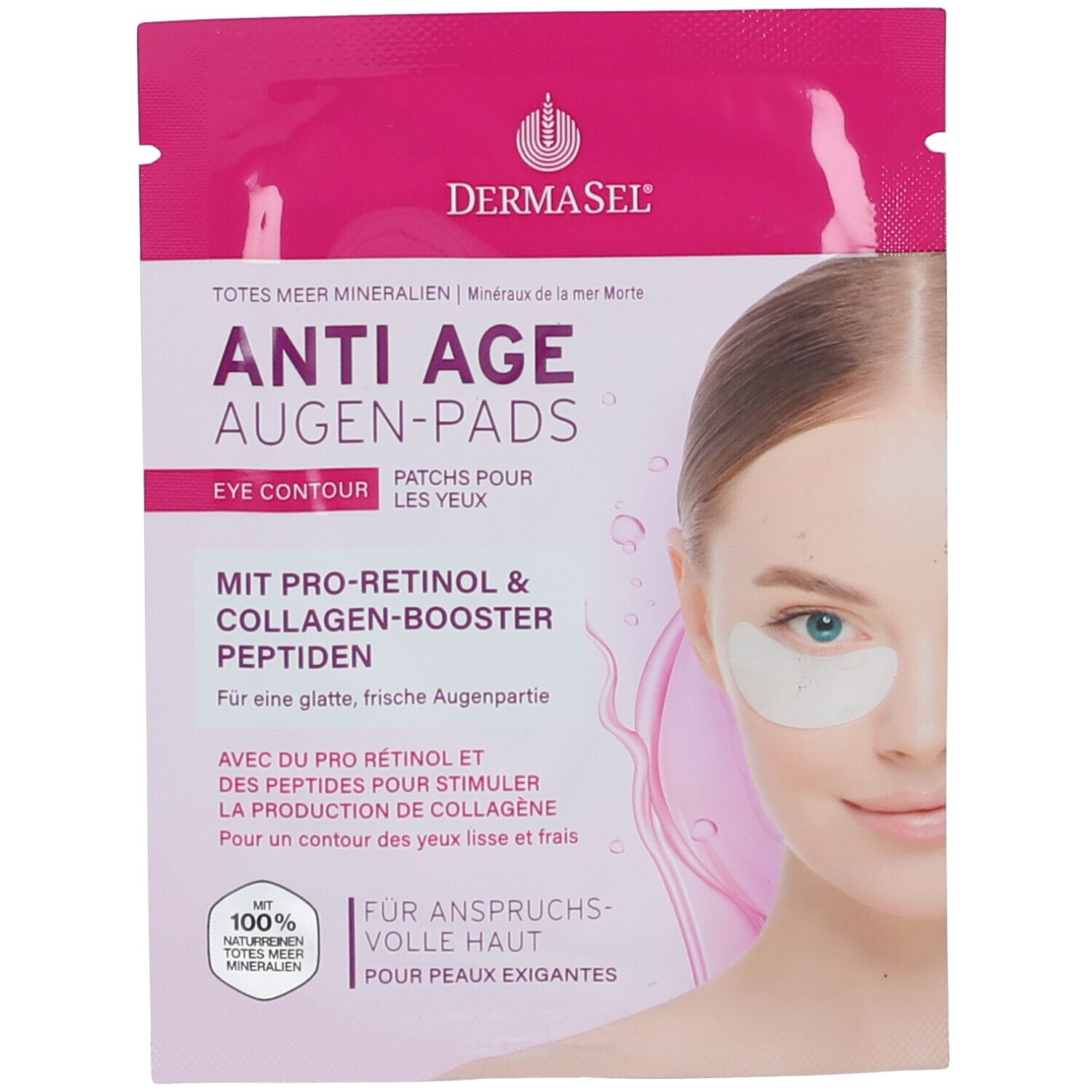 Emballage rose avec nom du produit et visage de femme. Texte : Anti Age Augen-Pads, Eye Contour.