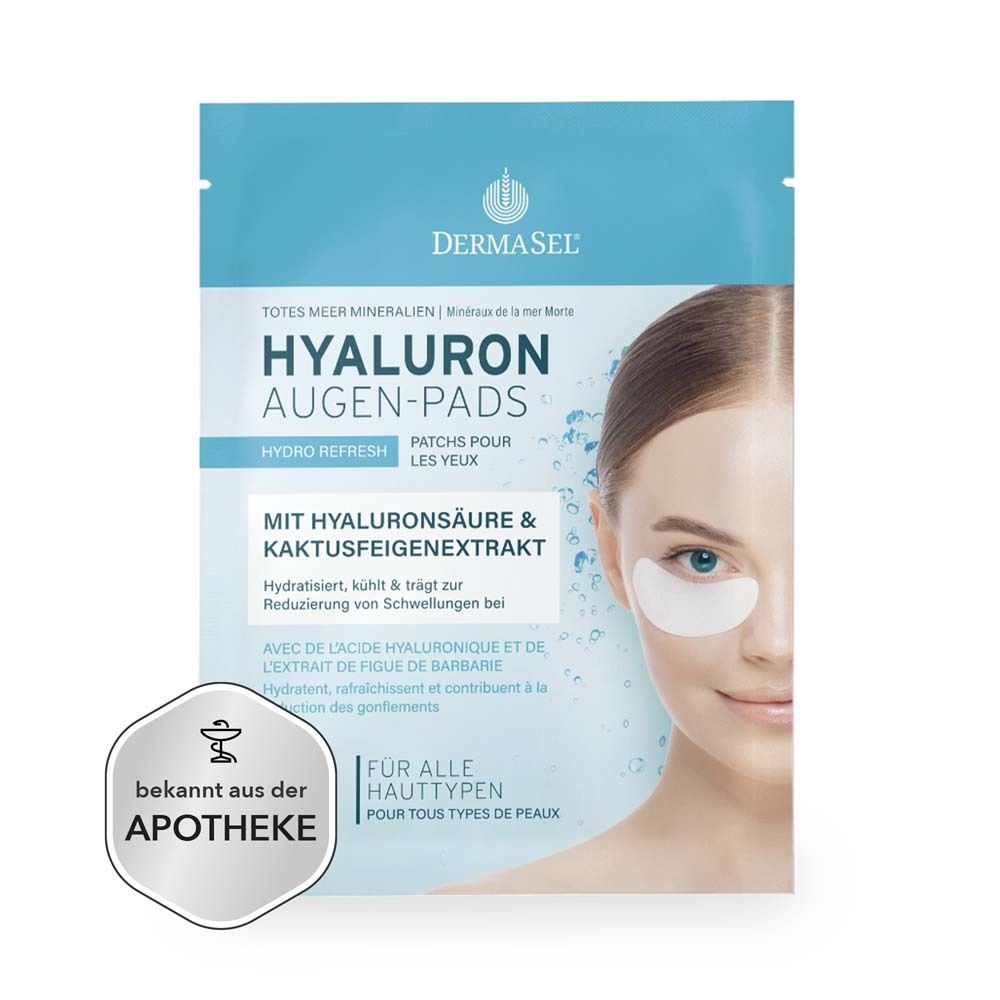 Emballage de DERMASEL® Hyaluron Augen-Pads. Inscription : Hyaluron Augen-Pads, Hydro Refresh, avec acide hyaluronique et extrait de figue de barbarie. Logo pharmacie.
