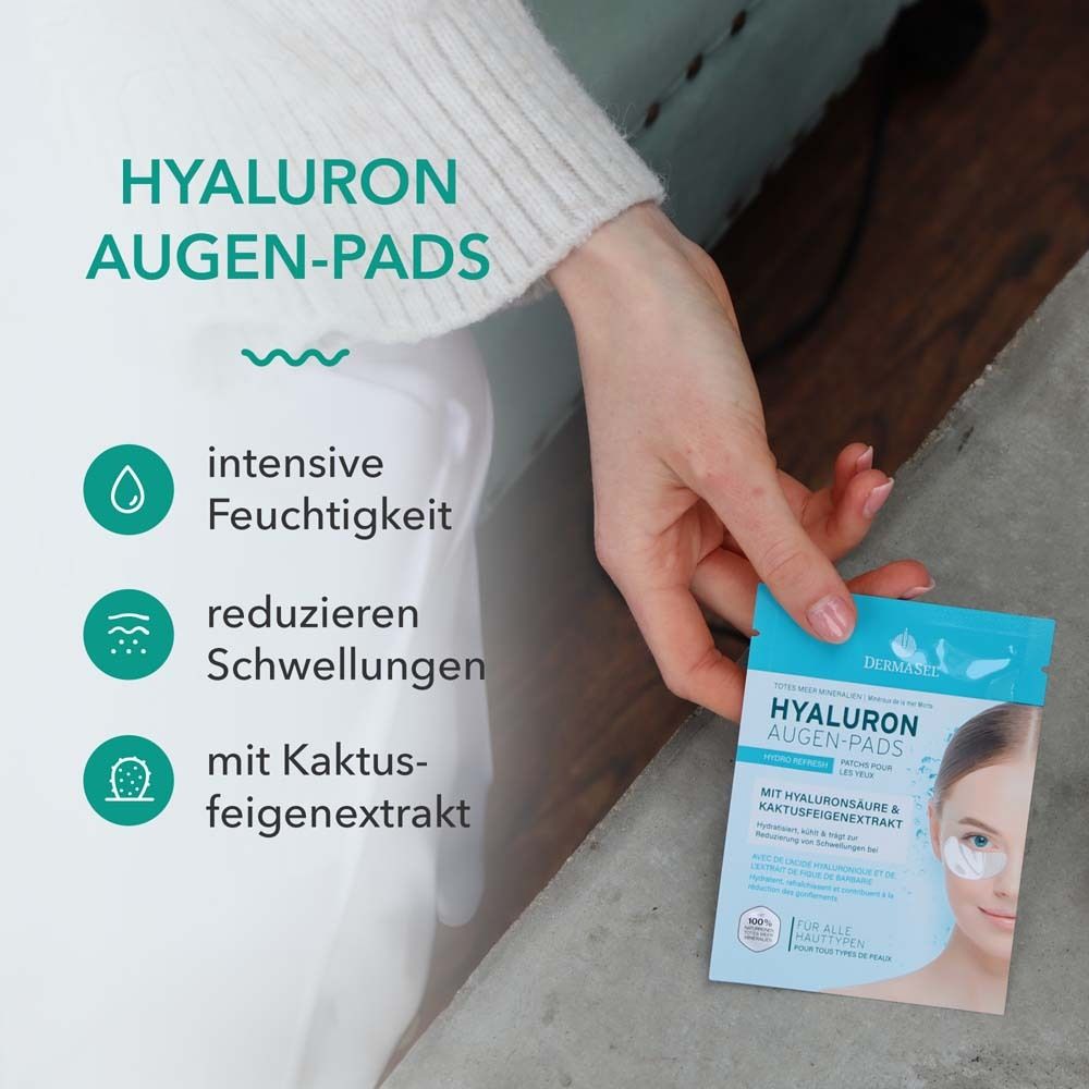 Main tenant un emballage de DERMASEL® Hyaluron Augen-Pads. Texte : hydratation intense, réduit les gonflements, avec extrait de figue de barbarie.