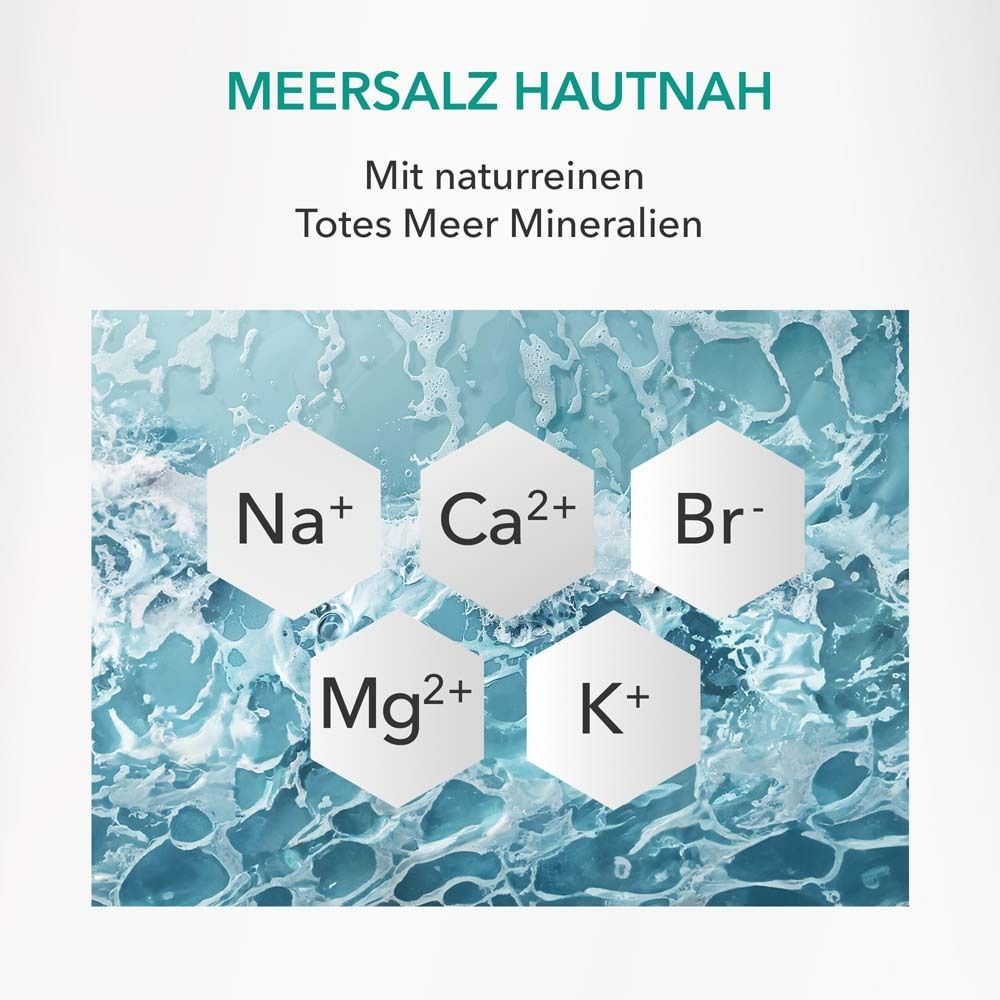 Graphique avec de l'eau et des ions : Na+, Ca2+, Br-, Mg2+, K+. Texte : Sel de la mer, au plus près de la peau. Avec des minéraux naturels de la mer Morte.