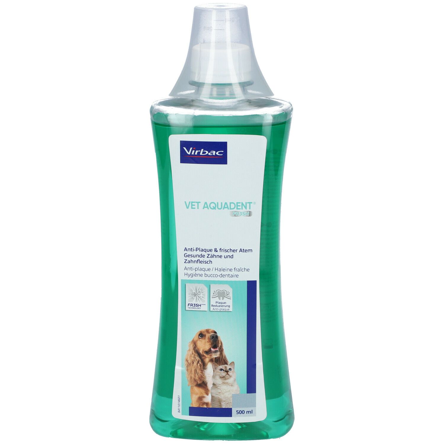 Groene plastic fles met transparante dop, 500ml. Etiket "VET AQUA DENT" met hond en kat.