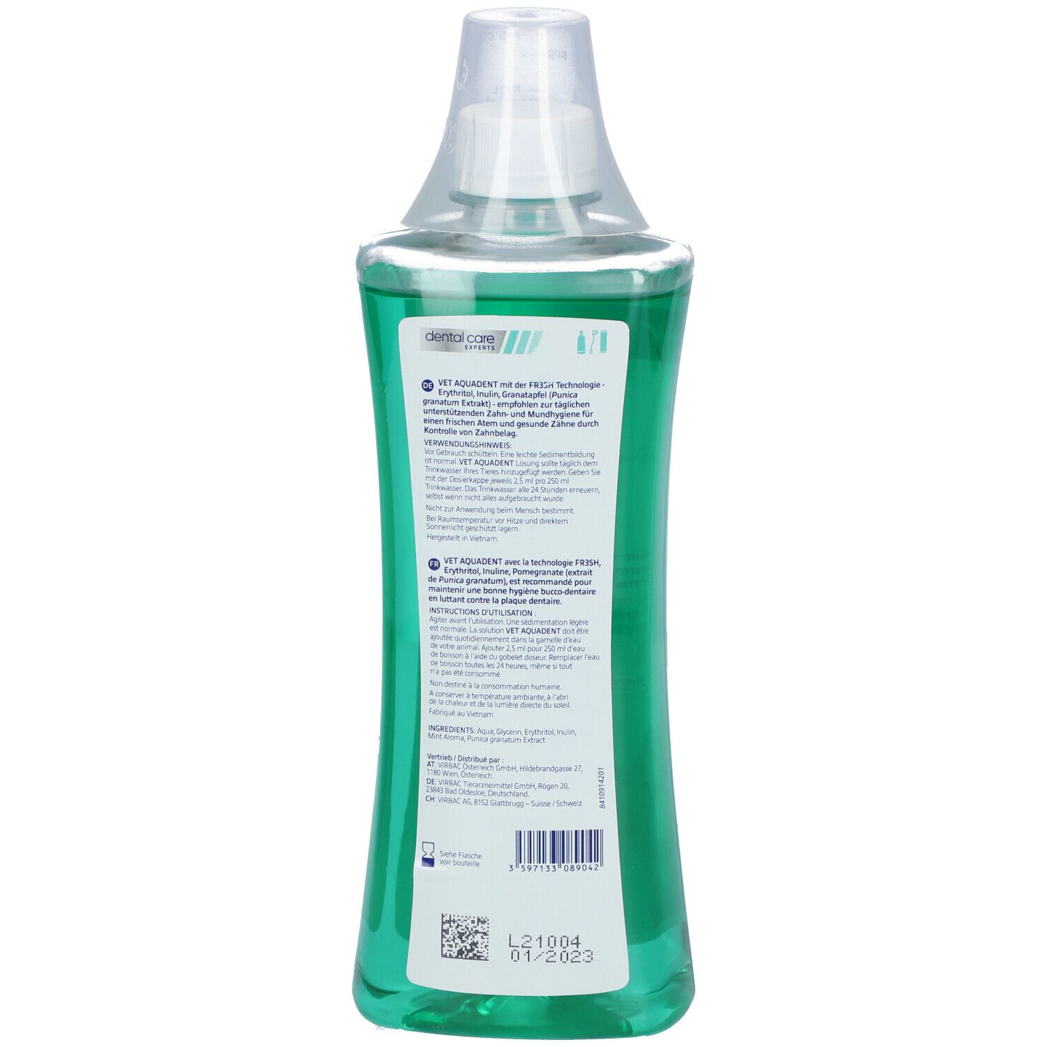 Groene plastic fles met transparante dop, 500ml. Etiket "VET AQUA DENT" met hond en kat.