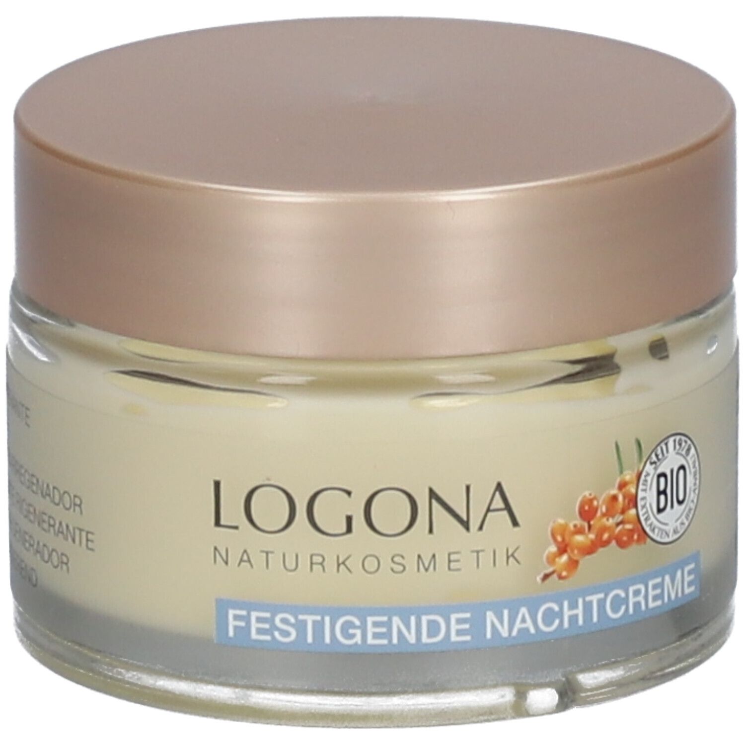 Crèmepot met deksel. Opschrift LOGONA NATURKOSMETIK, FESTIGENDE NACHTCREME. Bio-keurmerk. Duindoorn-afbeelding.