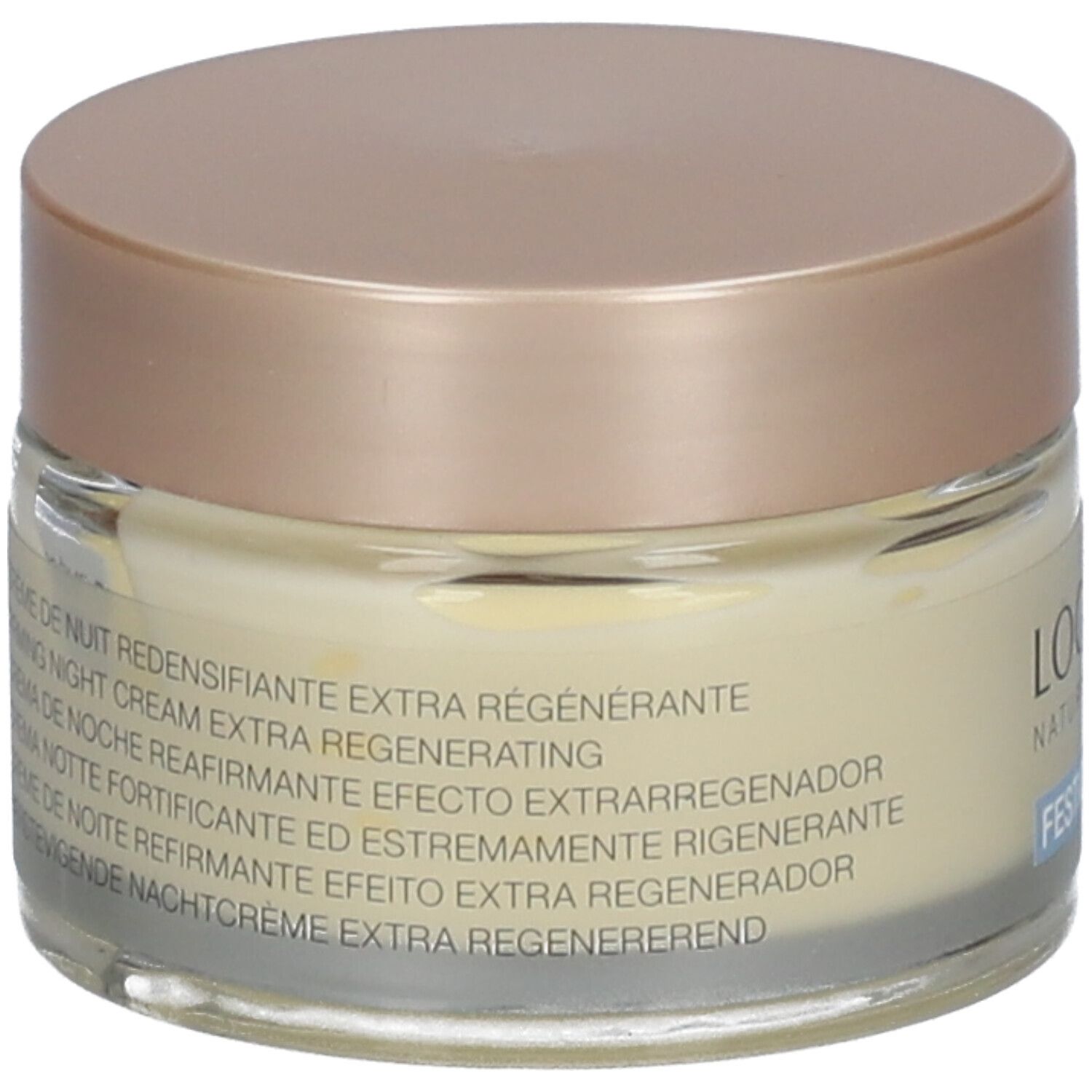 Crèmepot met deksel. Opschrift LOGONA NATURKOSMETIK, FESTIGENDE NACHTCREME. Bio-keurmerk. Duindoorn-afbeelding.
