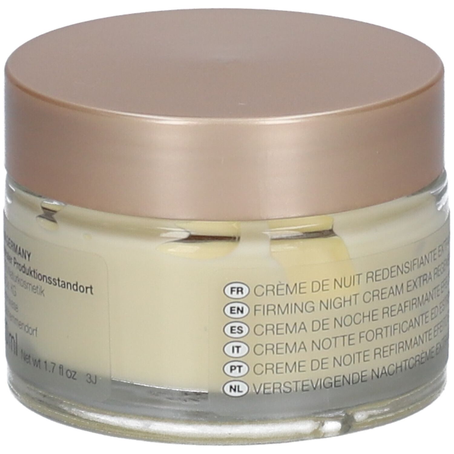 Crèmepot met deksel. Opschrift LOGONA NATURKOSMETIK, FESTIGENDE NACHTCREME. Bio-keurmerk. Duindoorn-afbeelding.