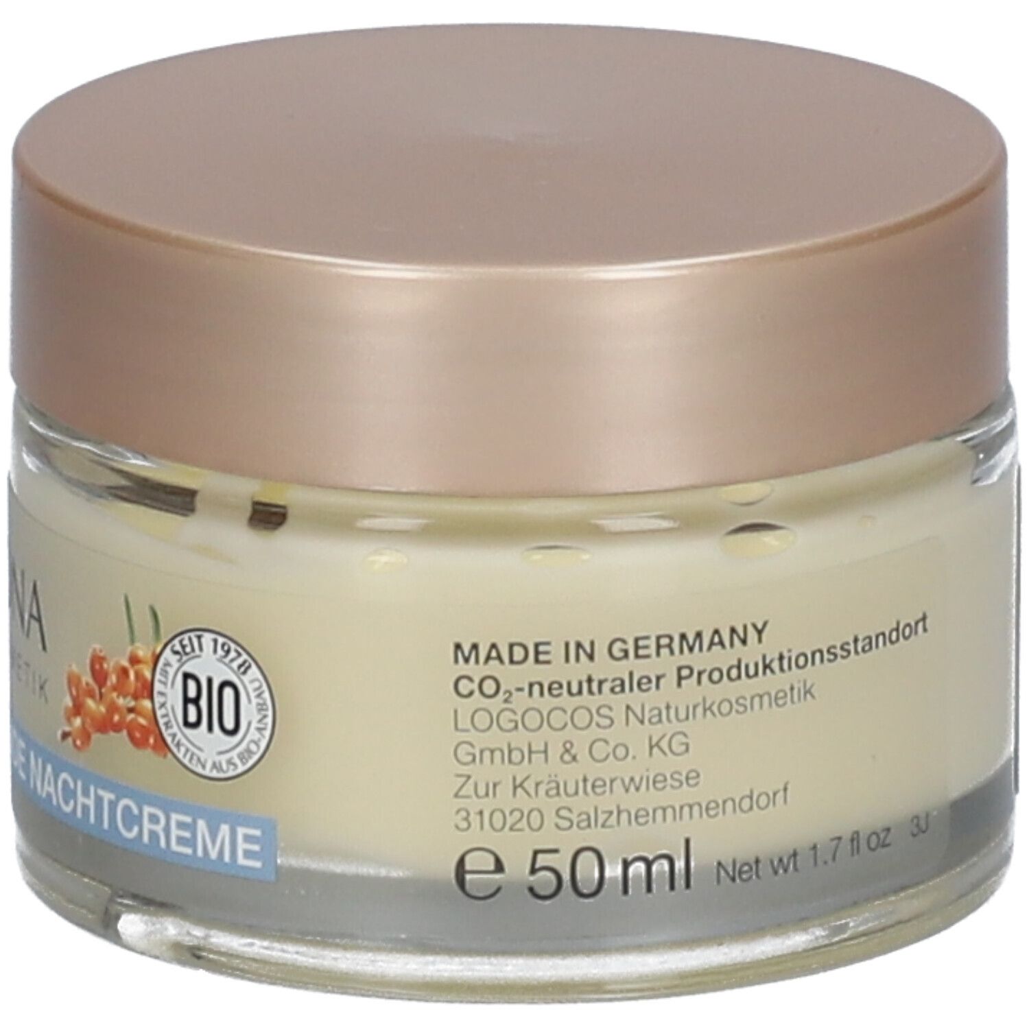 Crèmepot met deksel. Opschrift LOGONA NATURKOSMETIK, FESTIGENDE NACHTCREME. Bio-keurmerk. Duindoorn-afbeelding.