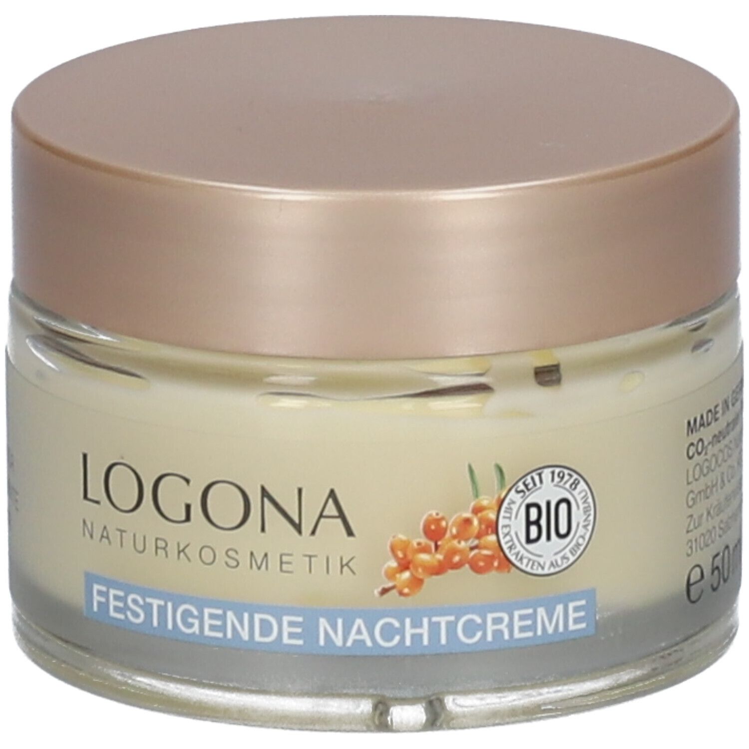 Crèmepot met deksel. Opschrift LOGONA NATURKOSMETIK, FESTIGENDE NACHTCREME. Bio-keurmerk. Duindoorn-afbeelding.