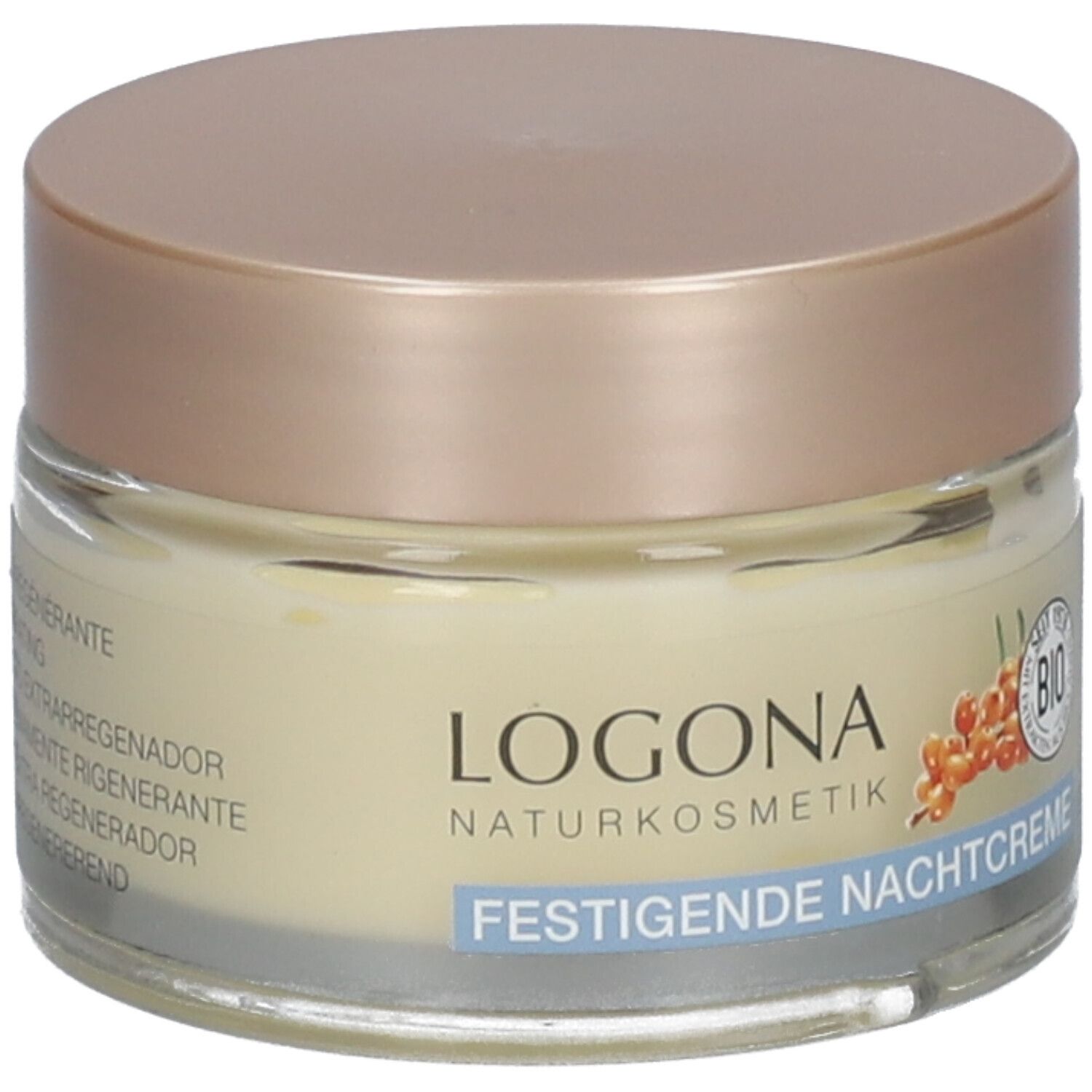 Crèmepot met deksel. Opschrift LOGONA NATURKOSMETIK, FESTIGENDE NACHTCREME. Bio-keurmerk. Duindoorn-afbeelding.