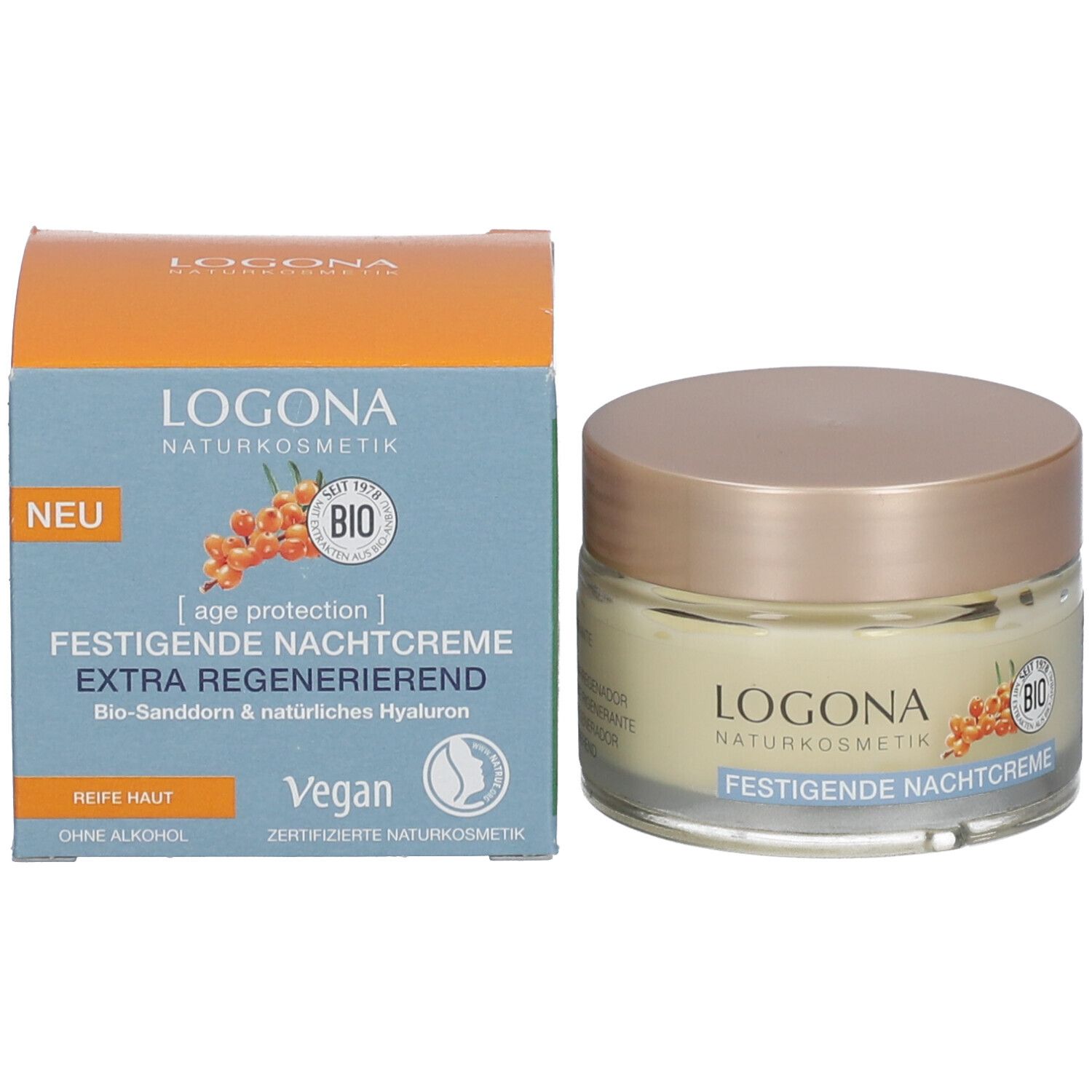 Crèmepot en doos. Opschrift LOGONA NATURKOSMETIK, FESTIGENDE NACHTCREME. Bio-keurmerk. Duindoorn-afbeelding. Vegan.