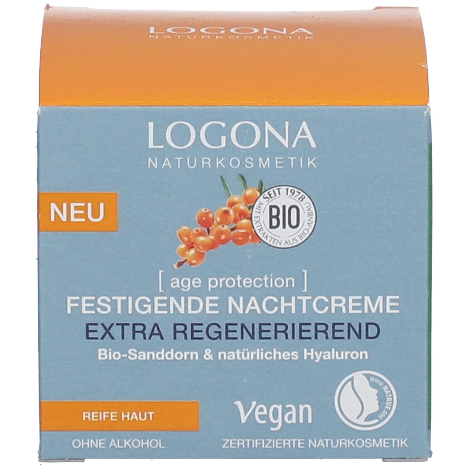 Doos. Opschrift LOGONA NATURKOSMETIK, FESTIGENDE NACHTCREME. Bio-keurmerk. Duindoorn-afbeelding. Vegan.