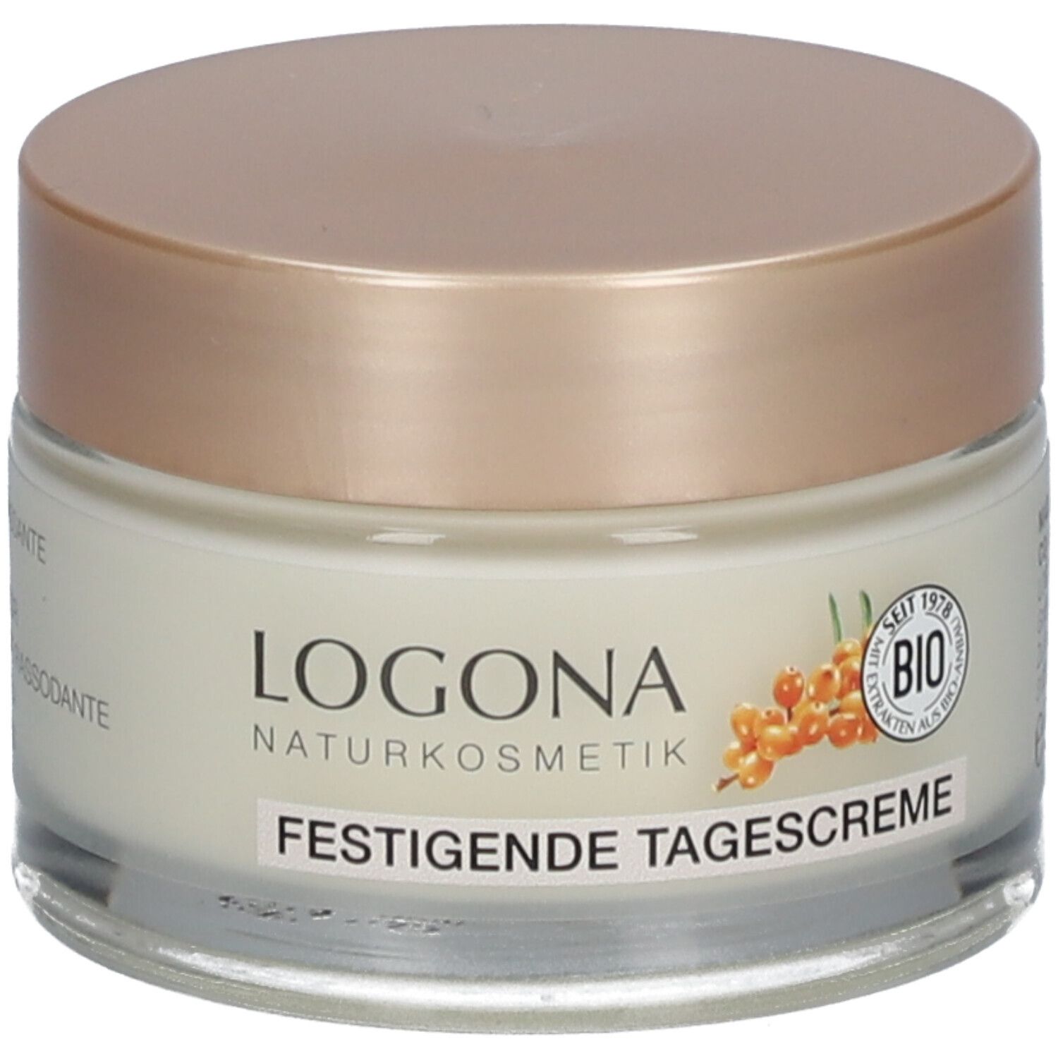 Crèmepot met goudkleurige deksel. Opschrift: LOGONA NATURKOSMETIK, FESTIGENDE TAGESCREME. Bio-keurmerk en afbeelding van duindoorn.