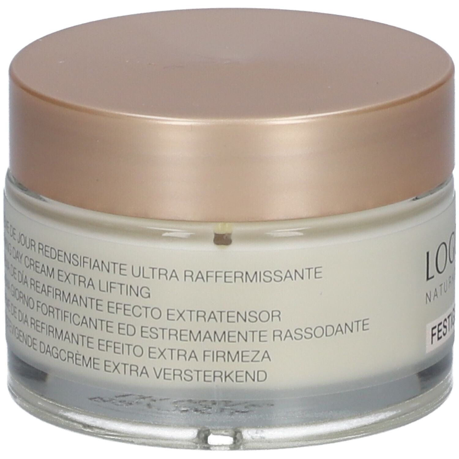 Crèmepot met goudkleurige deksel. Opschrift: LOGONA NATURKOSMETIK, FESTIGENDE TAGESCREME. Meertalige productaanduidingen.