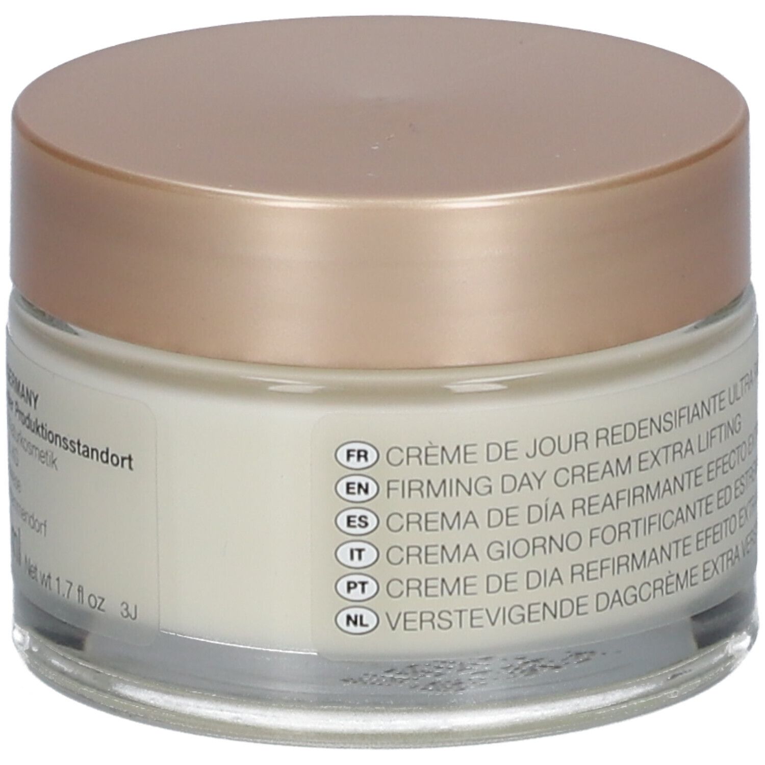 Crèmepot met goudkleurige deksel. Opschrift: LOGONA NATURKOSMETIK, FESTIGENDE TAGESCREME. Meertalige productaanduidingen.
