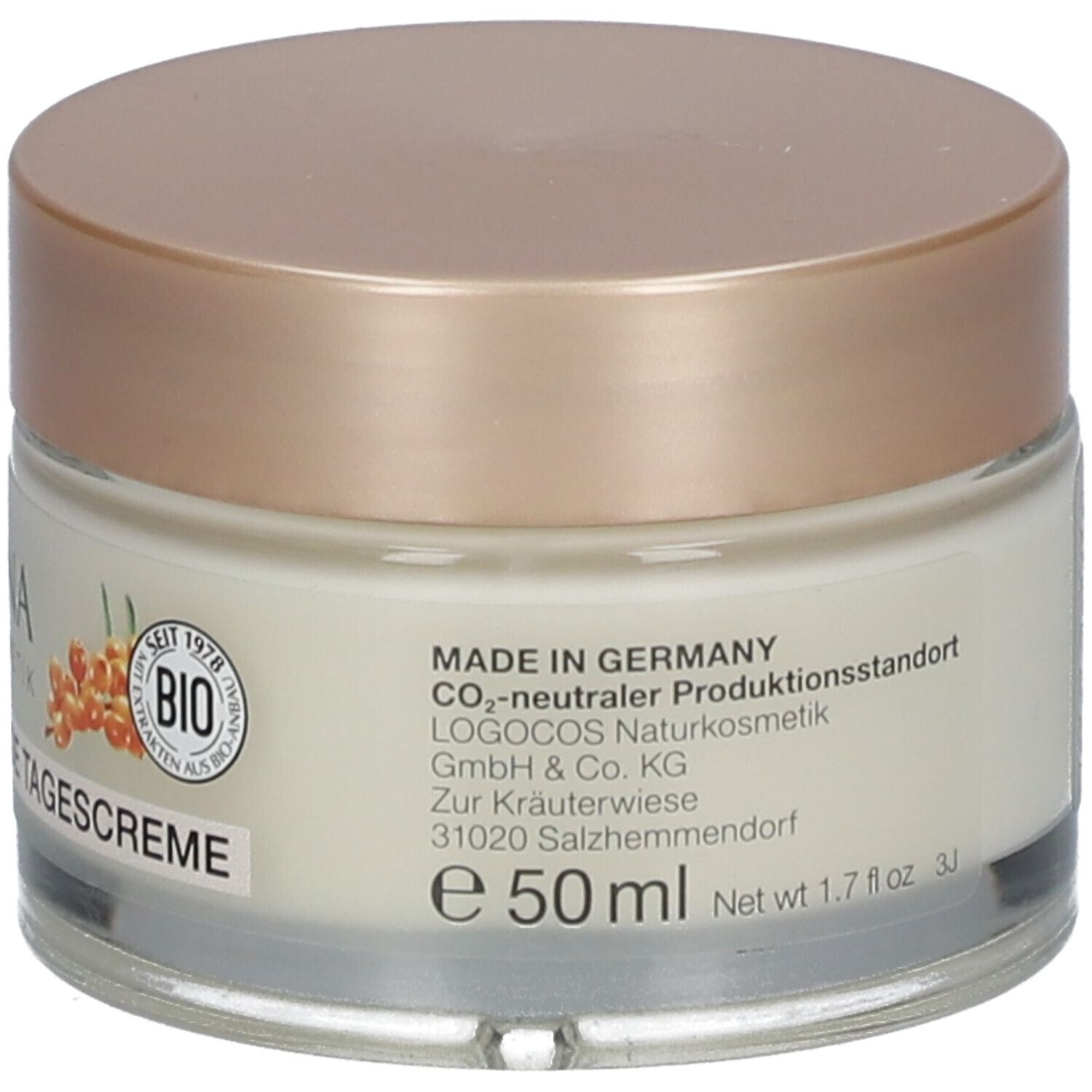 Crèmepot met goudkleurige deksel. Opschrift: LOGONA NATURKOSMETIK, FESTIGENDE TAGESCREME. Bio-keurmerk en fabrikantgegevens.