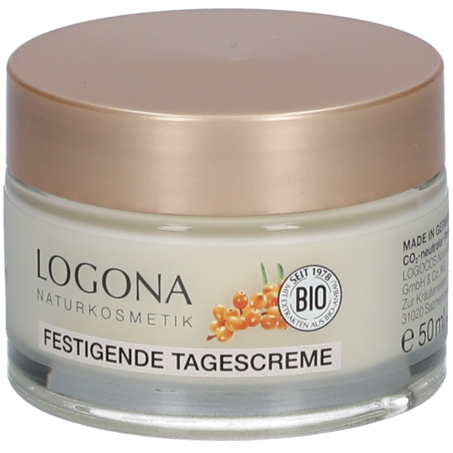 Crèmepot met goudkleurige deksel. Opschrift: LOGONA NATURKOSMETIK, FESTIGENDE TAGESCREME. Bio-keurmerk en duindoorn-afbeelding.
