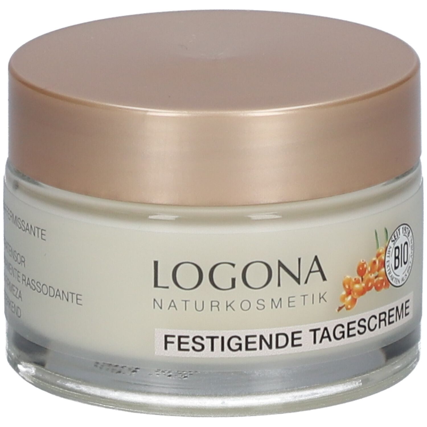 Crèmepot met goudkleurige deksel. Opschrift: LOGONA NATURKOSMETIK, FESTIGENDE TAGESCREME. Bio-keurmerk en duindoorn-afbeelding.