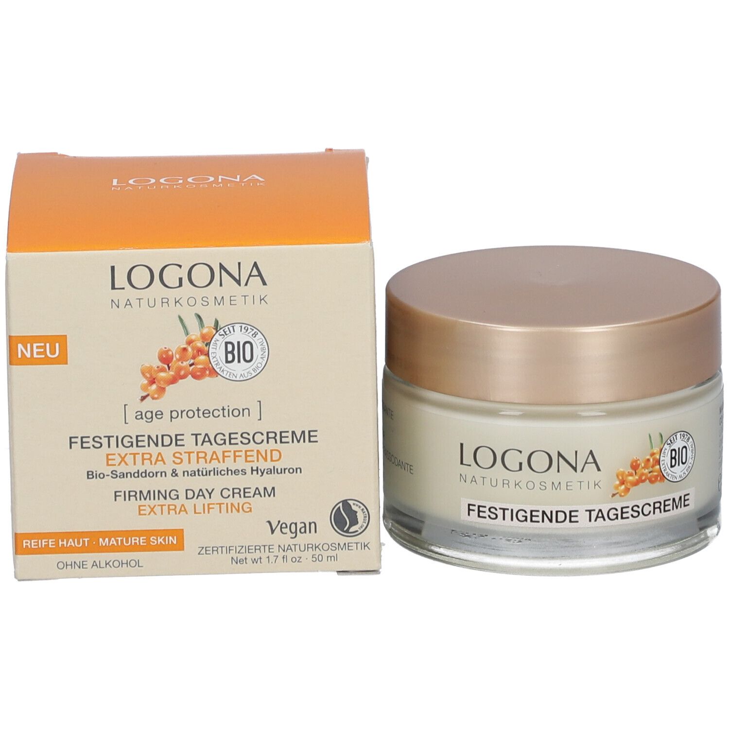 Crèmepot en doos. Opschrift: LOGONA NATURKOSMETIK, FESTIGENDE TAGESCREME. Bio-keurmerk en duindoorn-afbeelding. Vegan-keurmerk.