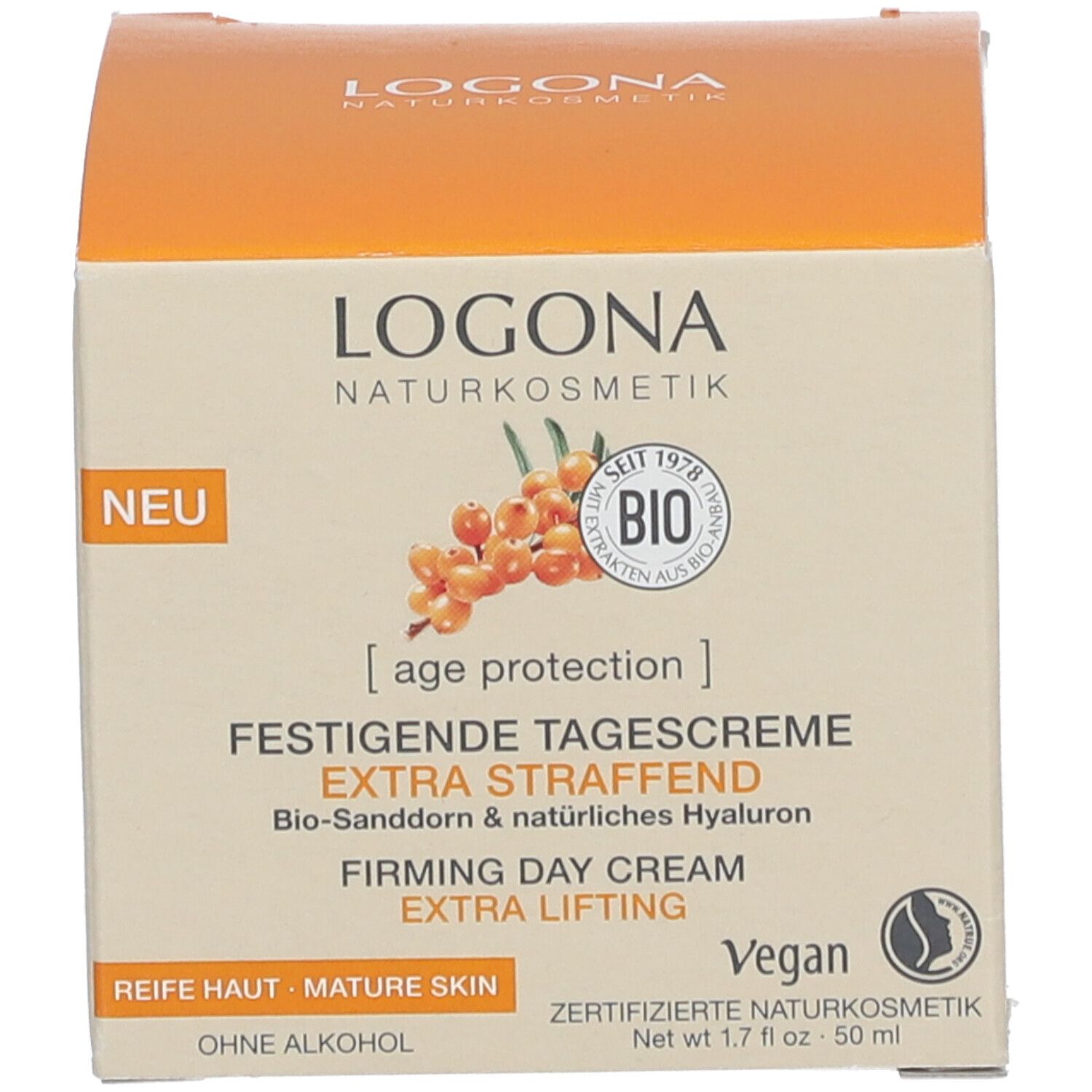 Doos met opschrift: LOGONA NATURKOSMETIK, FESTIGENDE TAGESCREME. Bio-keurmerk, duindoorn-afbeelding en vegan-keurmerk.