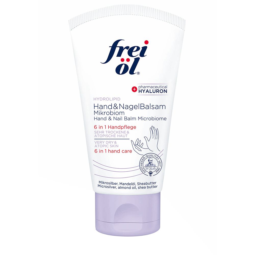 Tube blanche et bouchon lilas. Inscription: frei öl, HYDROLIPID Hand & Nagel Balsam Mikrobiom. Contient de l'acide hyaluronique. Pour peaux très sèches.