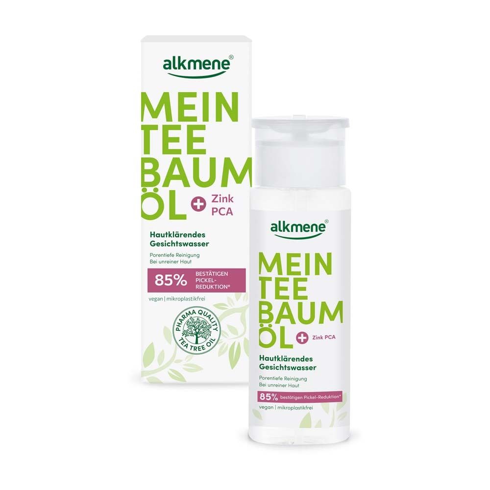alkmene® gezichtswater, fles en verpakking. Groen-wit ontwerp, productnaam en logo.