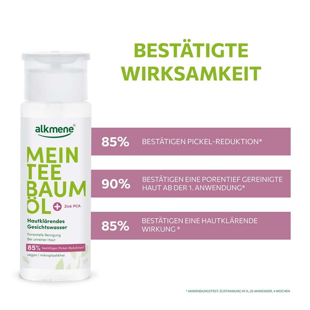 alkmene® gezichtswater, fles. Tekst: Bevestigde effectiviteit, 85% puistjesreductie.