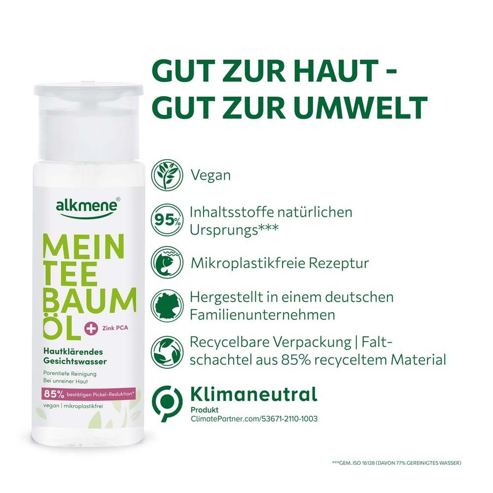 alkmene® gezichtswater, fles. Tekst: Goed voor de huid - goed voor het milieu. Vegan, klimaatneutraal.