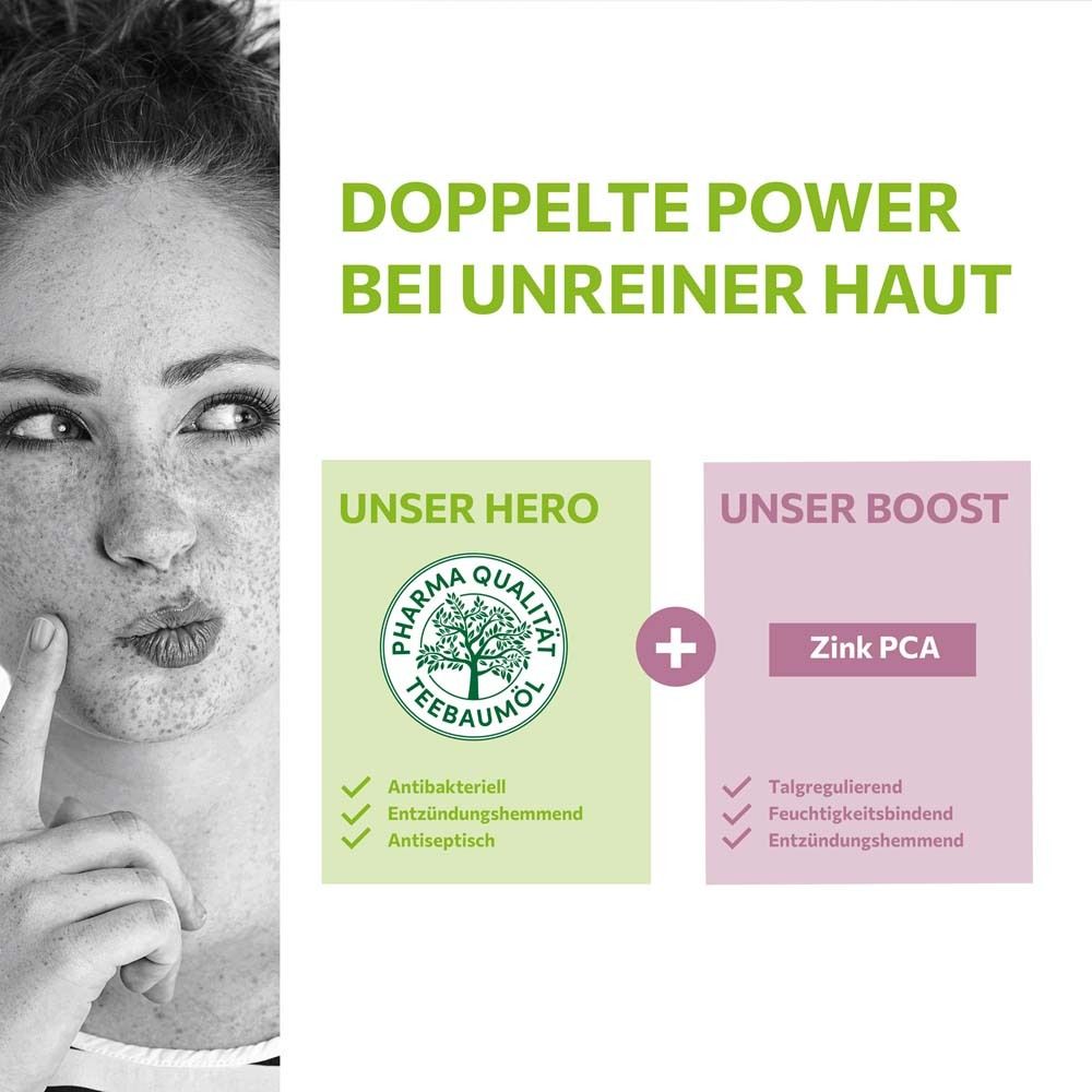 Gezicht van een vrouw. Tekst: Dubbele kracht bij onzuivere huid. Pharma Quality, Zink PCA.