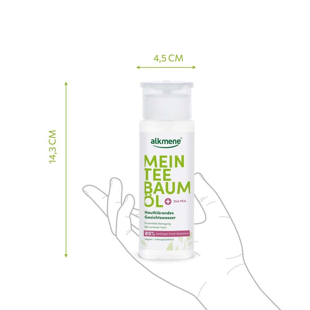 alkmene® gezichtswater, fles. Afmetingen: 14,3 cm hoog, 4,5 cm breed. In hand gehouden.