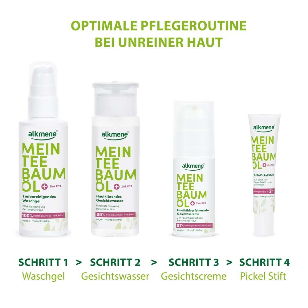 alkmene® producten. Wasgel, gezichtswater, gezichtscrème, puistenstift. Optimale verzorgingsroutine.