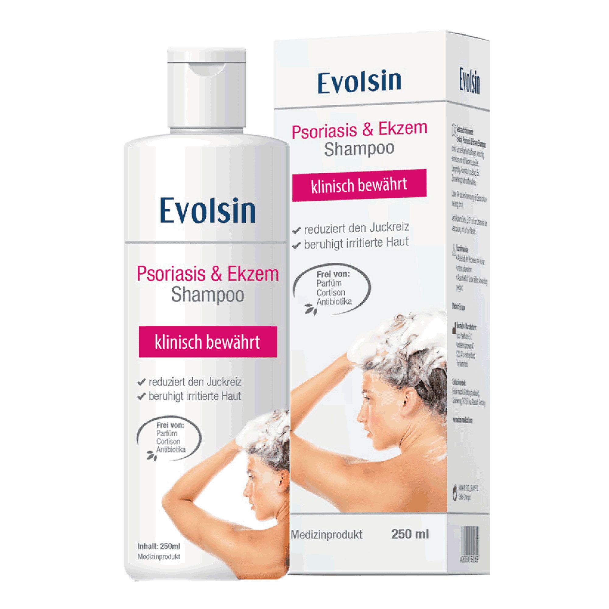 Witte fles Evolsin Psoriasis & Eczeem Shampoo. Roze etiket. Klinisch bewezen. 250 ml. Medisch hulpmiddel.