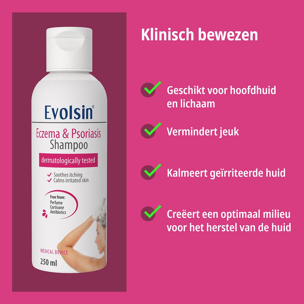 Achterkant van een witte fles Evolsin® shampoo met gedetailleerde productinformatie. 250 ml.