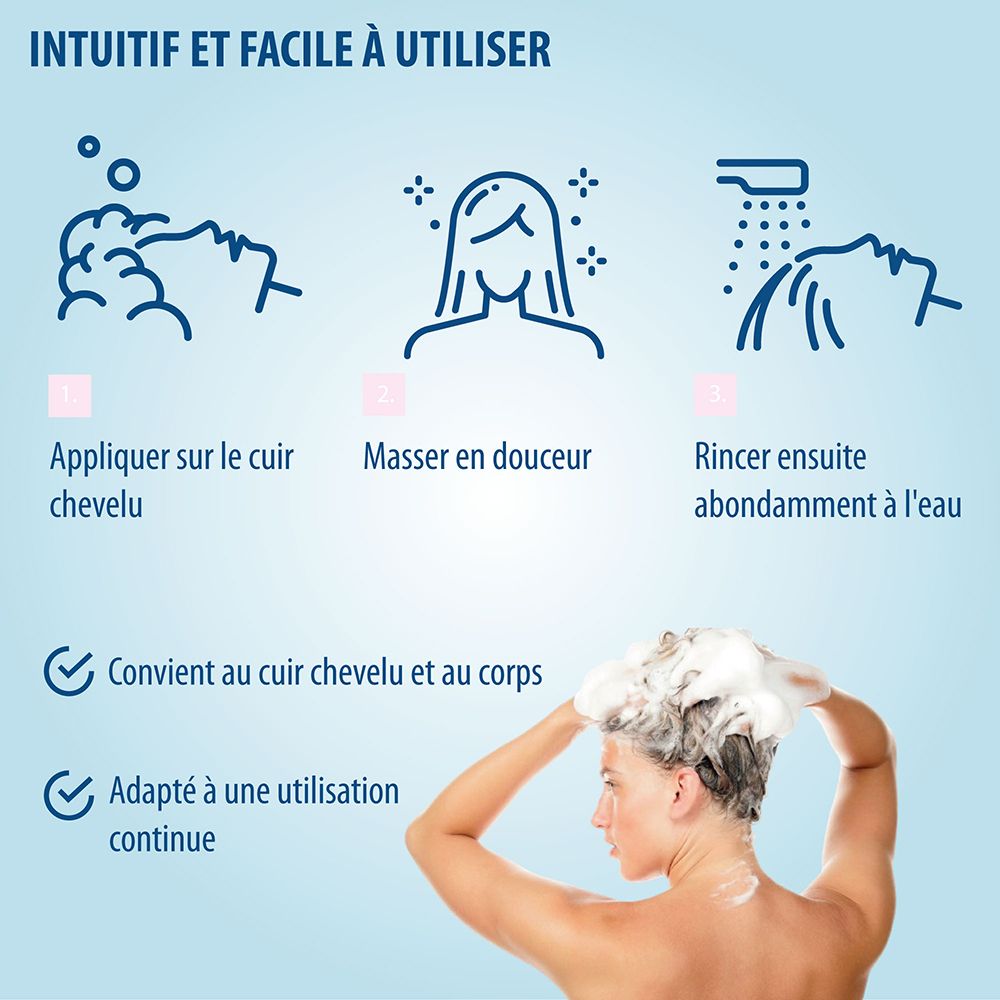 Bouteille blanche de shampooing Evolsin® avec étiquette montrant une femme avec de la mousse dans les cheveux. 250 ml.
