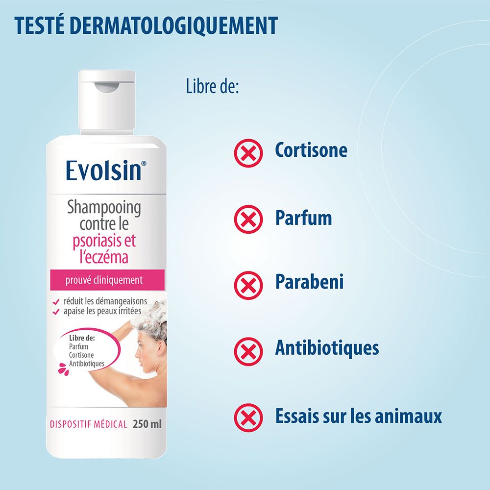 Bouteille blanche de shampooing Evolsin® avec étiquette rose et grise, 250 ml. Montre une femme avec de la mousse dans les cheveux.
