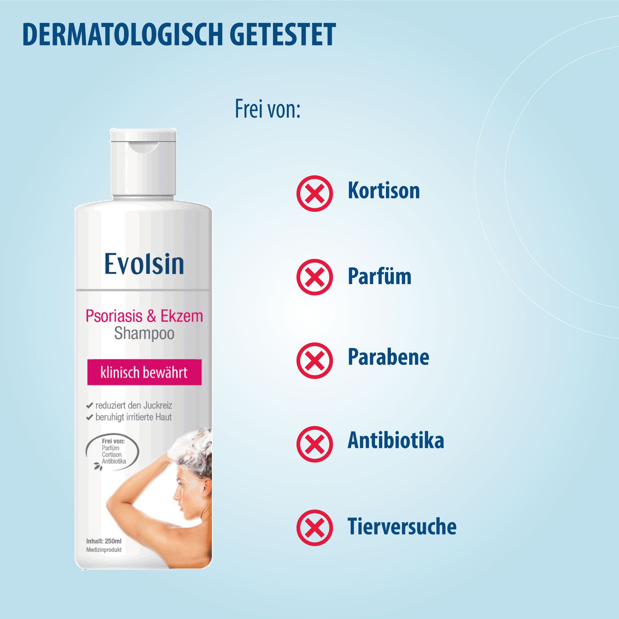 Shampoo fles. Vrij van: Cortison, Parfum, Parabenen, Antibiotica, Dierproeven. Dermatologisch getest.