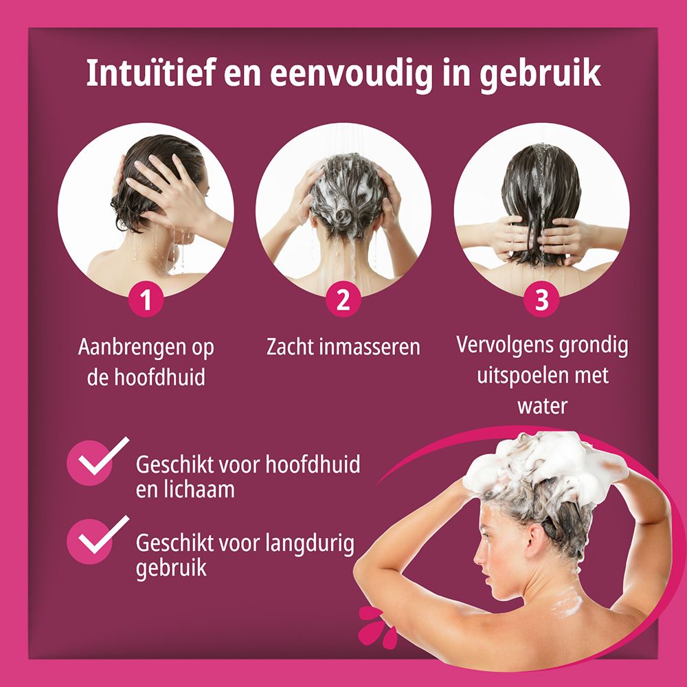 Stappenplan: aanbrengen, inmasseren, uitspoelen. Geschikt voor hoofdhuid en lichaam.