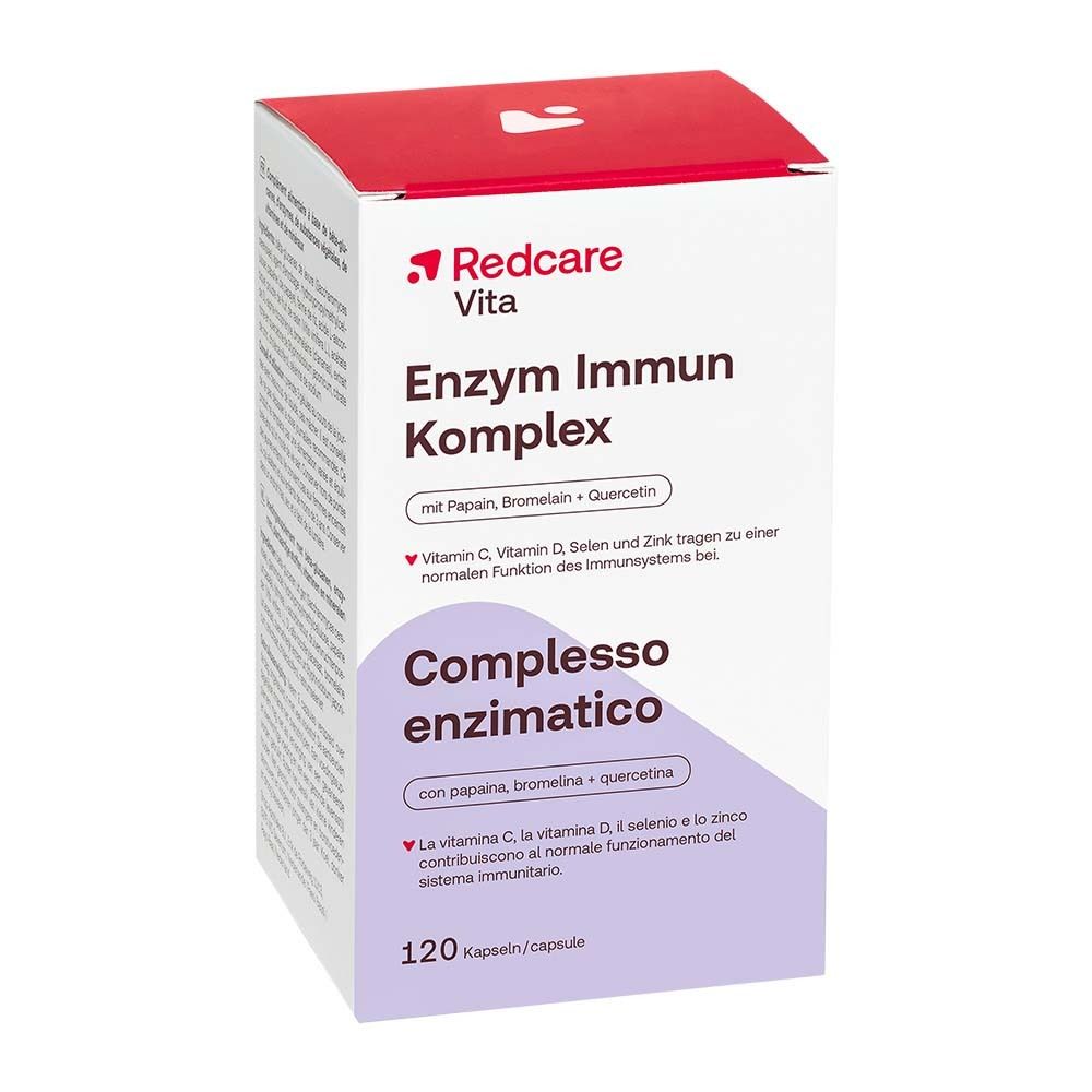 Doos Redcare Vita Enzym Immun Komplex. Bevat 120 capsules. Opschrift: Vitamine C, D, selenium en zink.