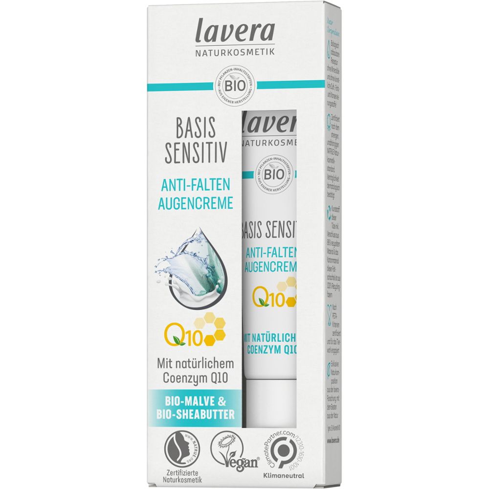 Crème contour des yeux anti-rides Lavera Basis Sensitiv Q10 en boîte avec tube. Label Bio, Label Vegan.