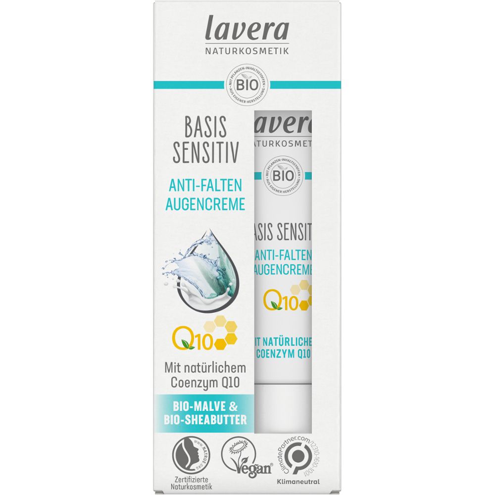 Crème contour des yeux anti-rides Lavera Basis Sensitiv Q10 en boîte avec tube. Label Bio, Label Vegan.